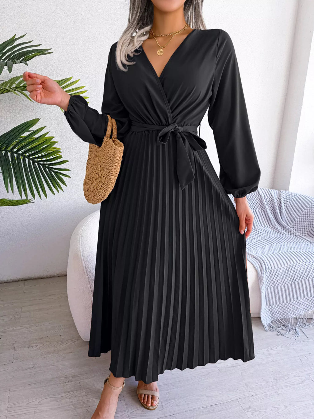 Elegant Pleated Front Tie Long Sleeve Dress (14)
