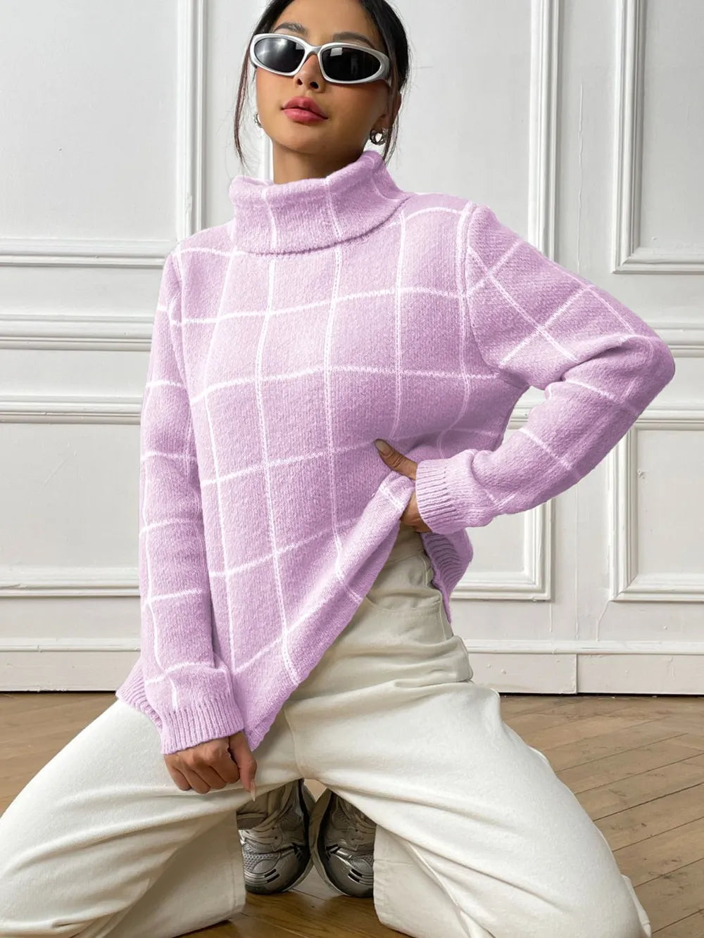 Plaid Turtleneck Long Sleeve Sweater (4)