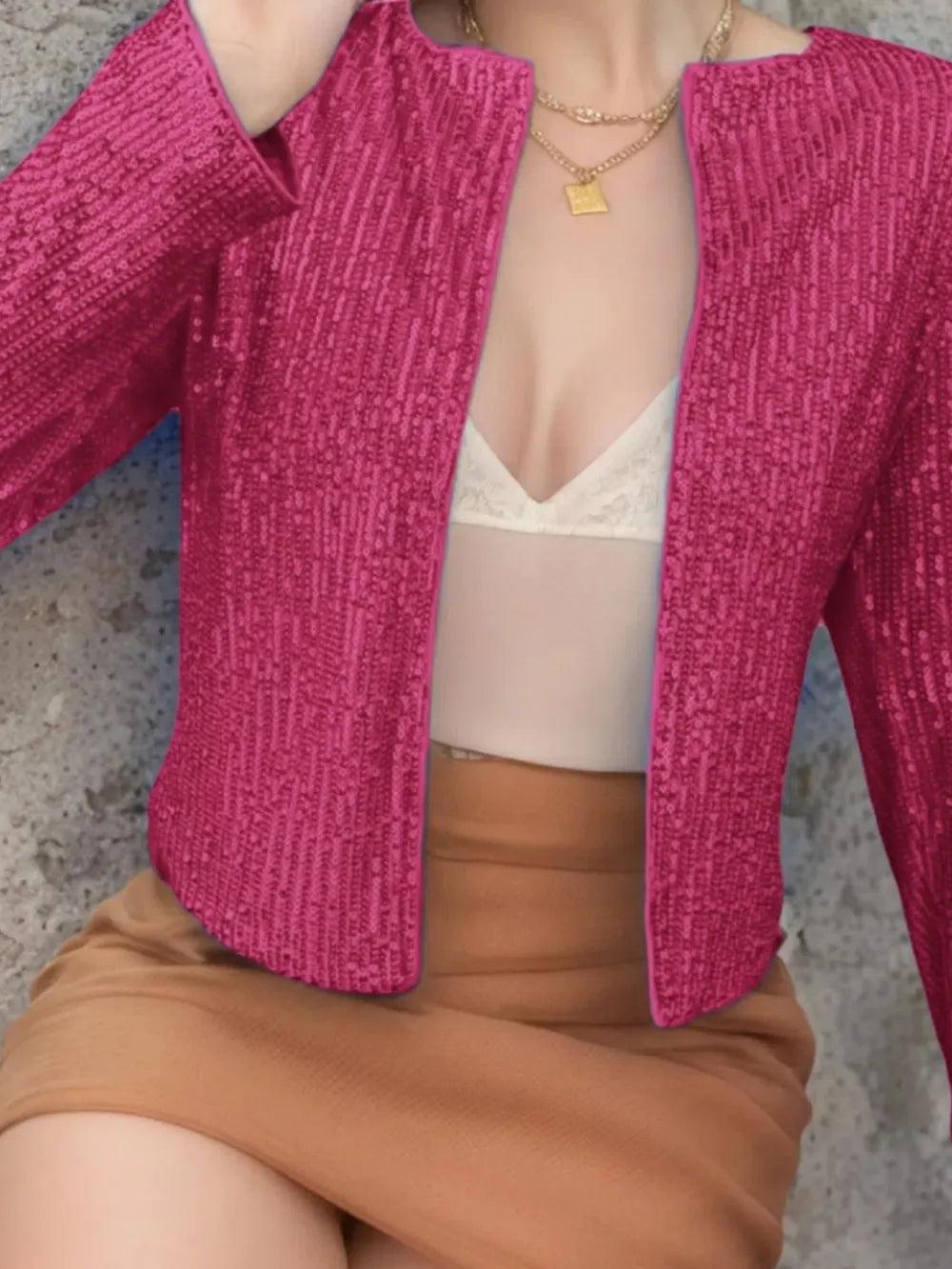 Full Size Sequin Open Front Cropped Jacket (12)