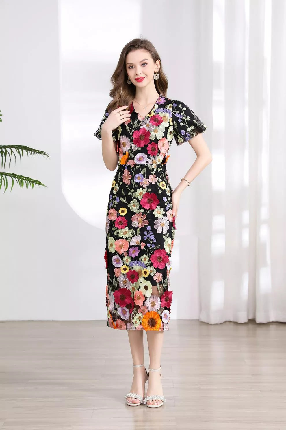 Floral Embroidered Puff Sleeve Midi Dress (28)