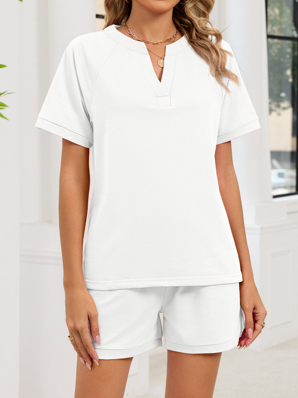 Notched Short Sleeve Top Shorts Set (22)