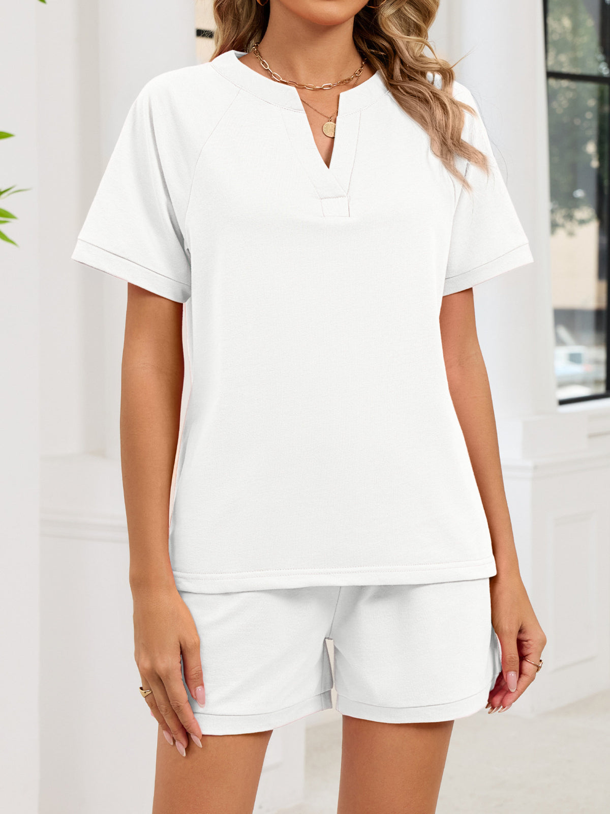 Notched Short Sleeve Top Shorts Set (22)