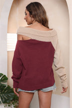 Asymmetrical Long Sleeve Two-tone Cutout Sweater (15)