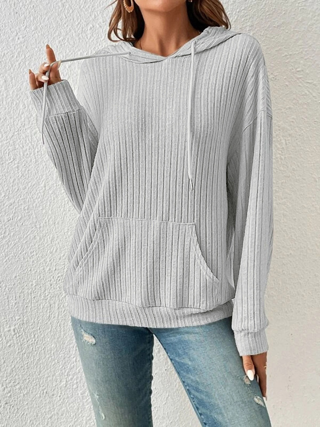 Ribbed Dropped Shoulder Drawstring Hoodie (12)