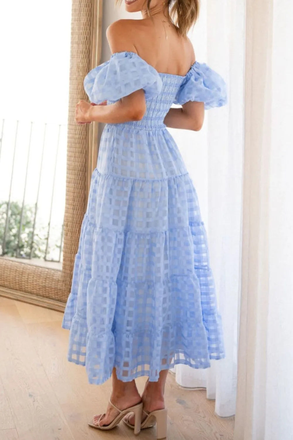 Off Shoulder Short Puff Sleeve Midi Dress (31)