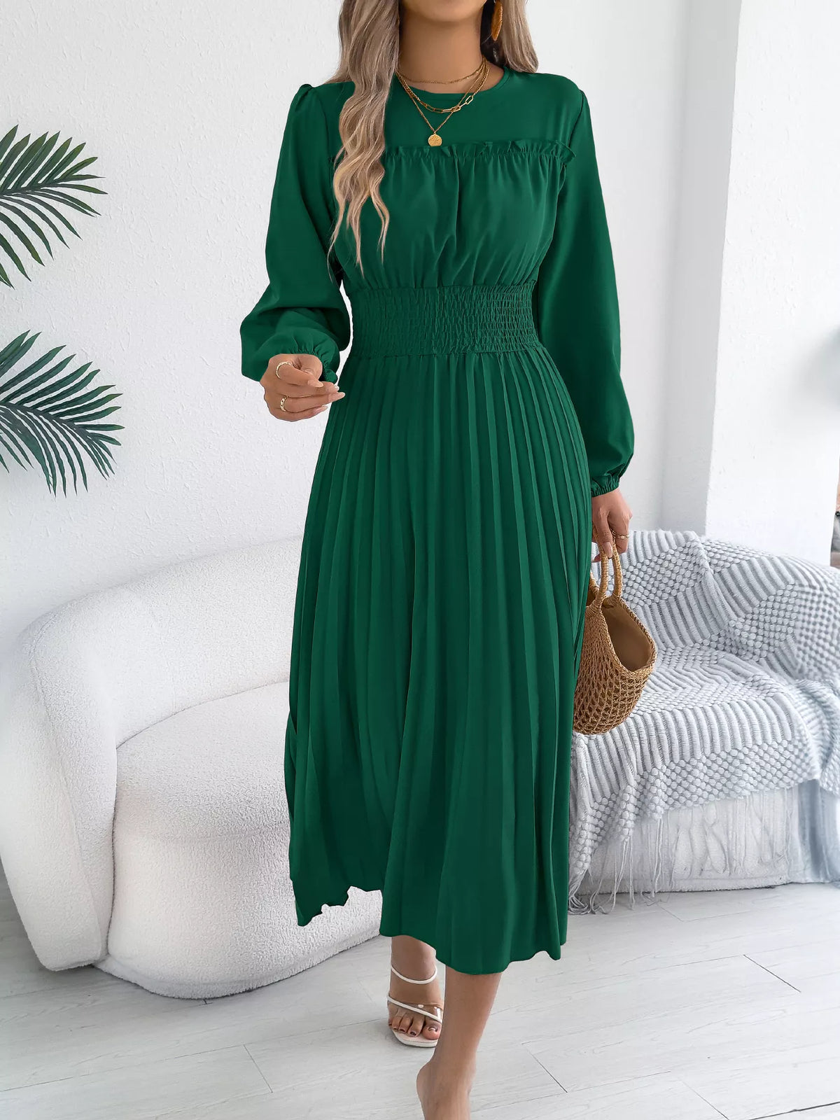 Smocked Pleated Long Sleeve Midi Dress (9)
