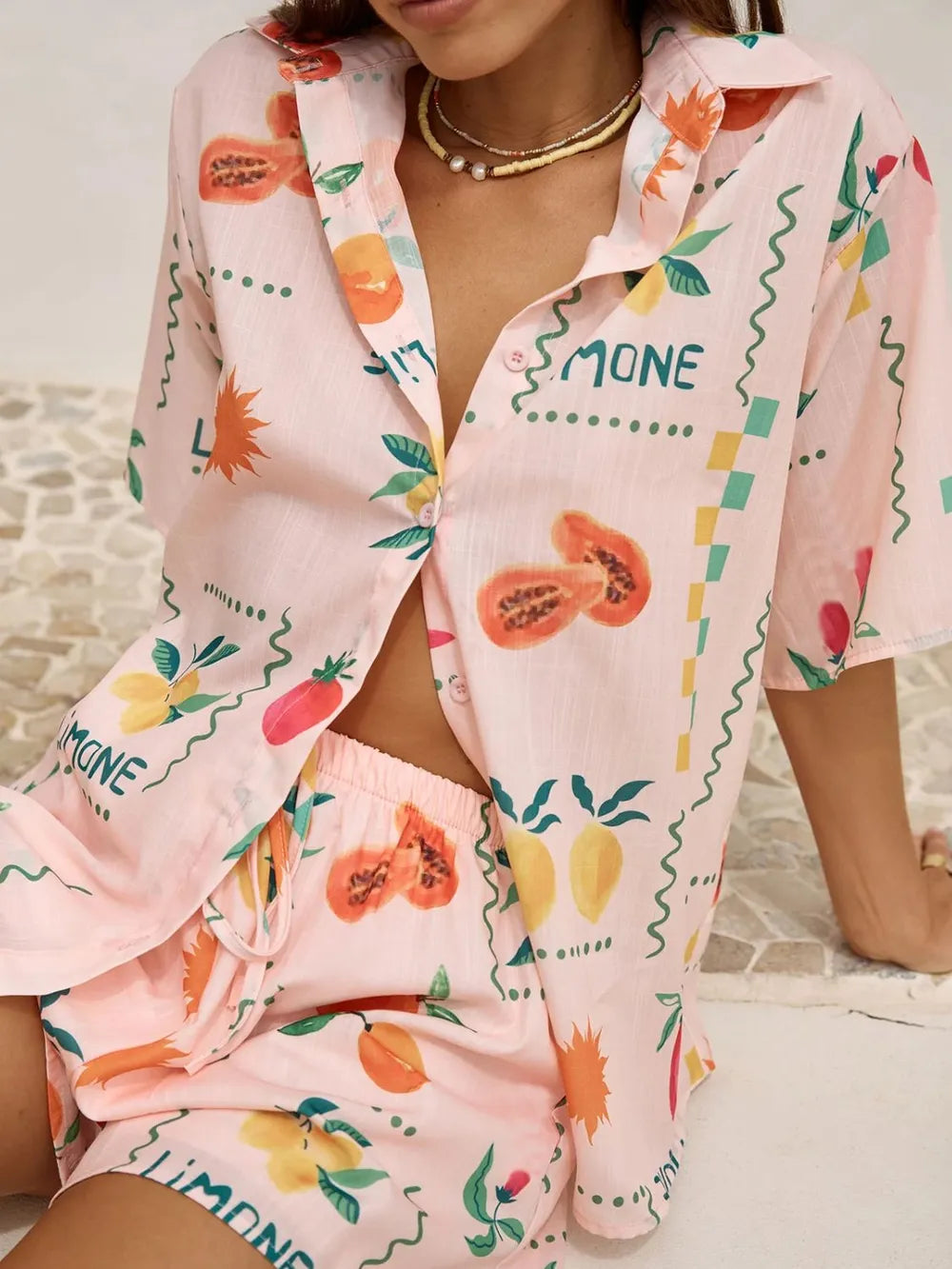 Printed Button Down Shirt Shorts Set (4)