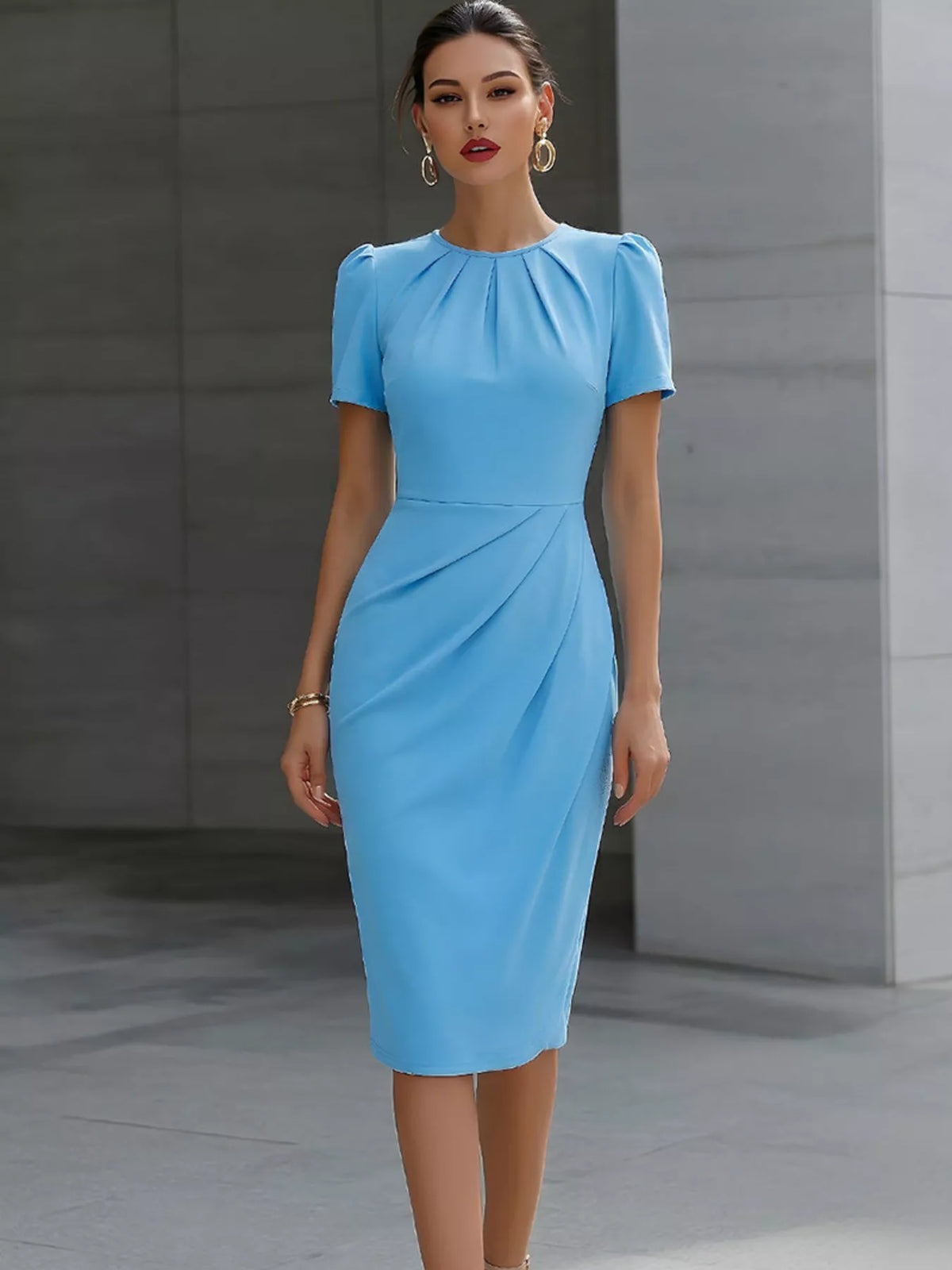 Ruched Short Sleeve Midi Dress (4)