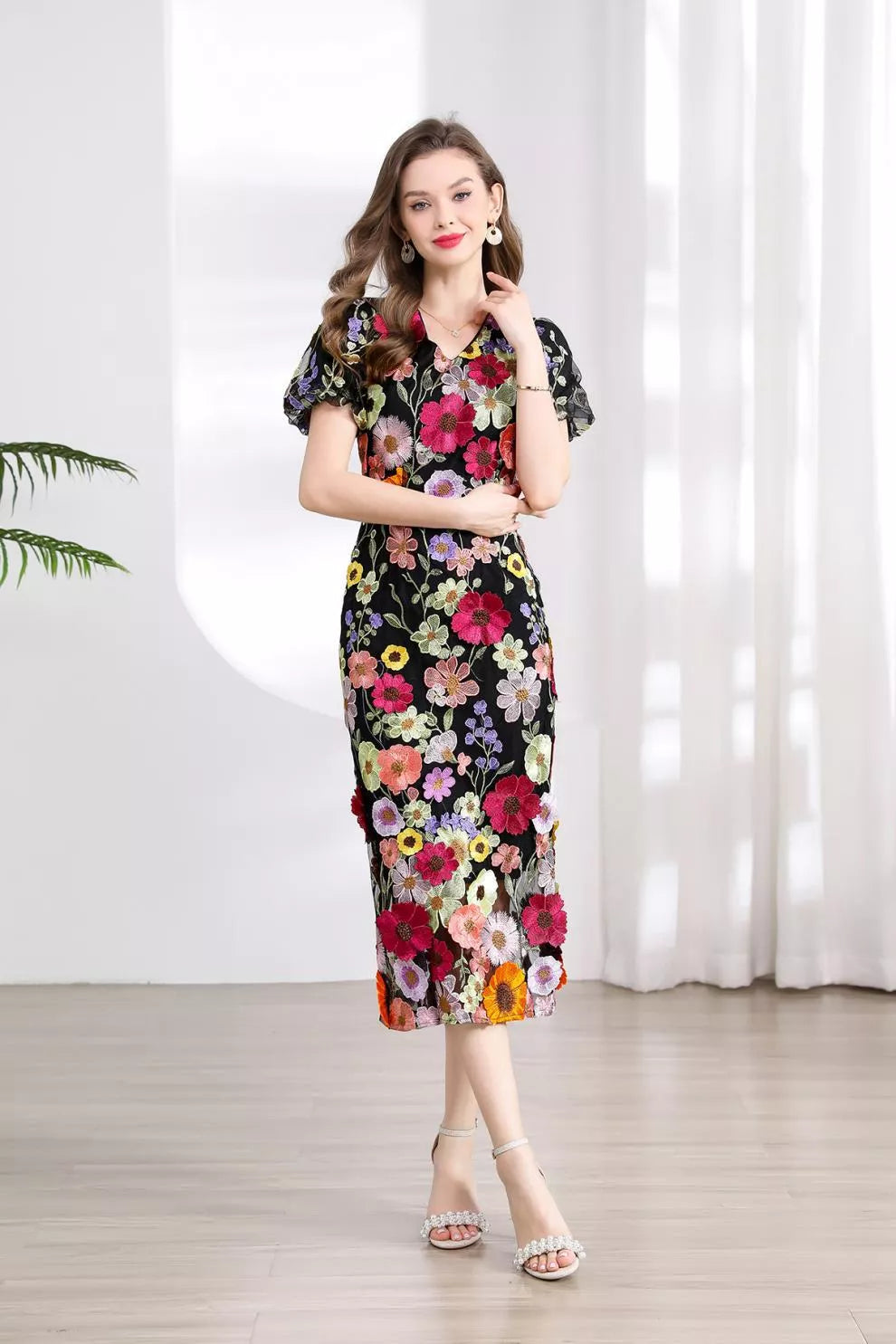 Floral Embroidered Puff Sleeve Midi Dress (30)