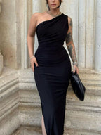 One-shoulder Ruched Bodycon Slit Dress (8)