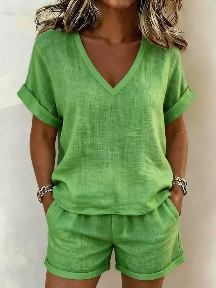 V-neck Linen Blend Short Sleeve Top Shorts Set (7)