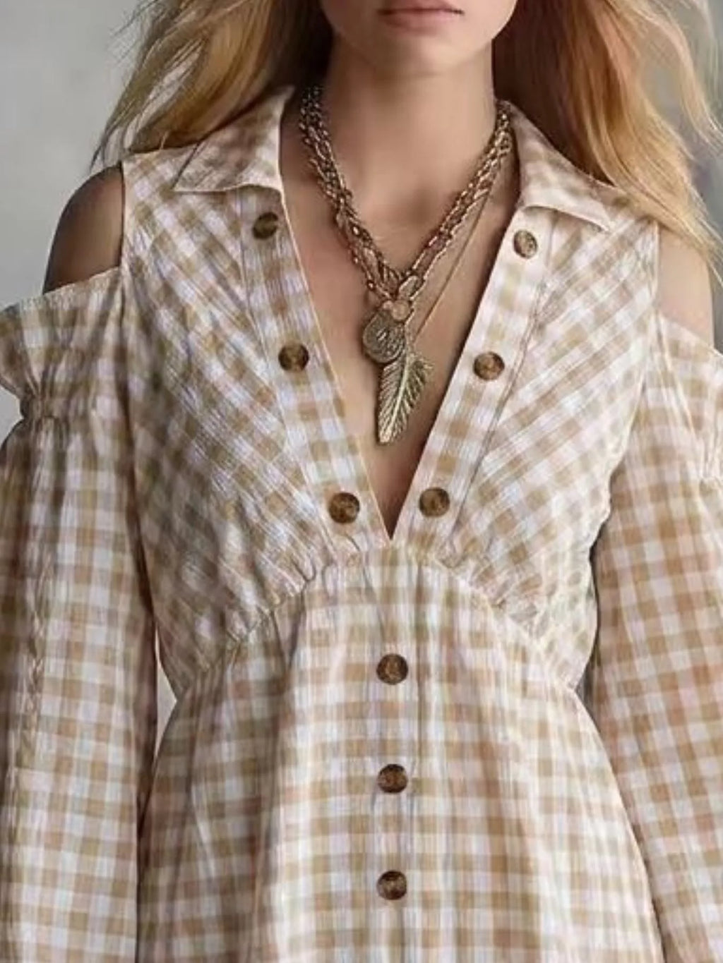 Gingham Cold-shoulder Mini Dress (2)