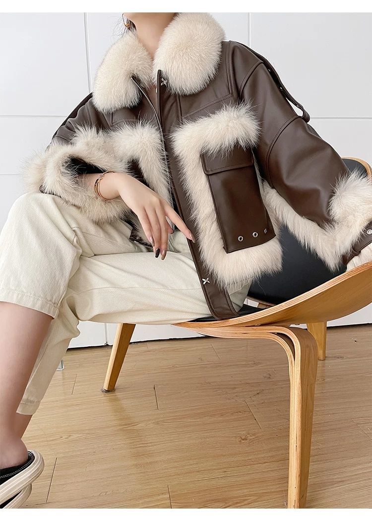Sense Fox Fur Stitching Leather Coat photo 5