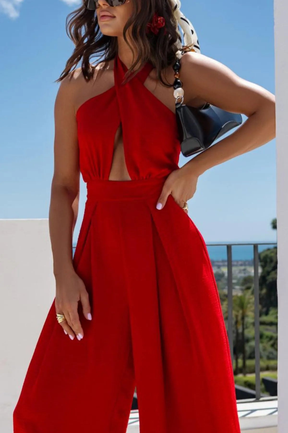 Halter Neck Wide Leg Jumpsuit Keyhole Detail (3)