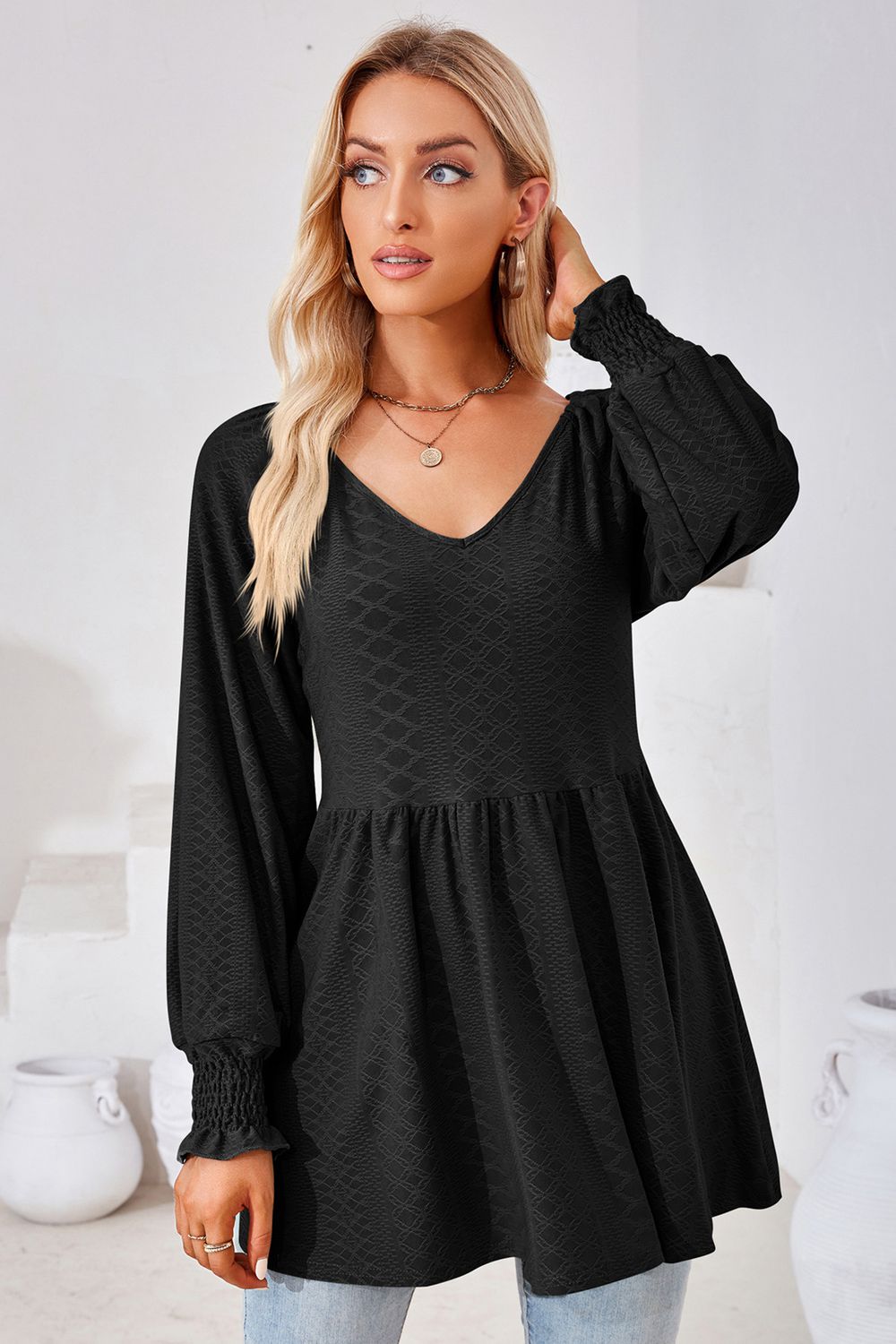 V-neck Lantern Sleeve Blouse (20)