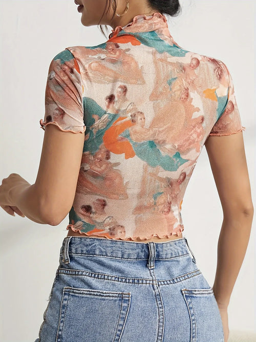 Abstract Print Ruffled Mock Neck Crop T-shirt