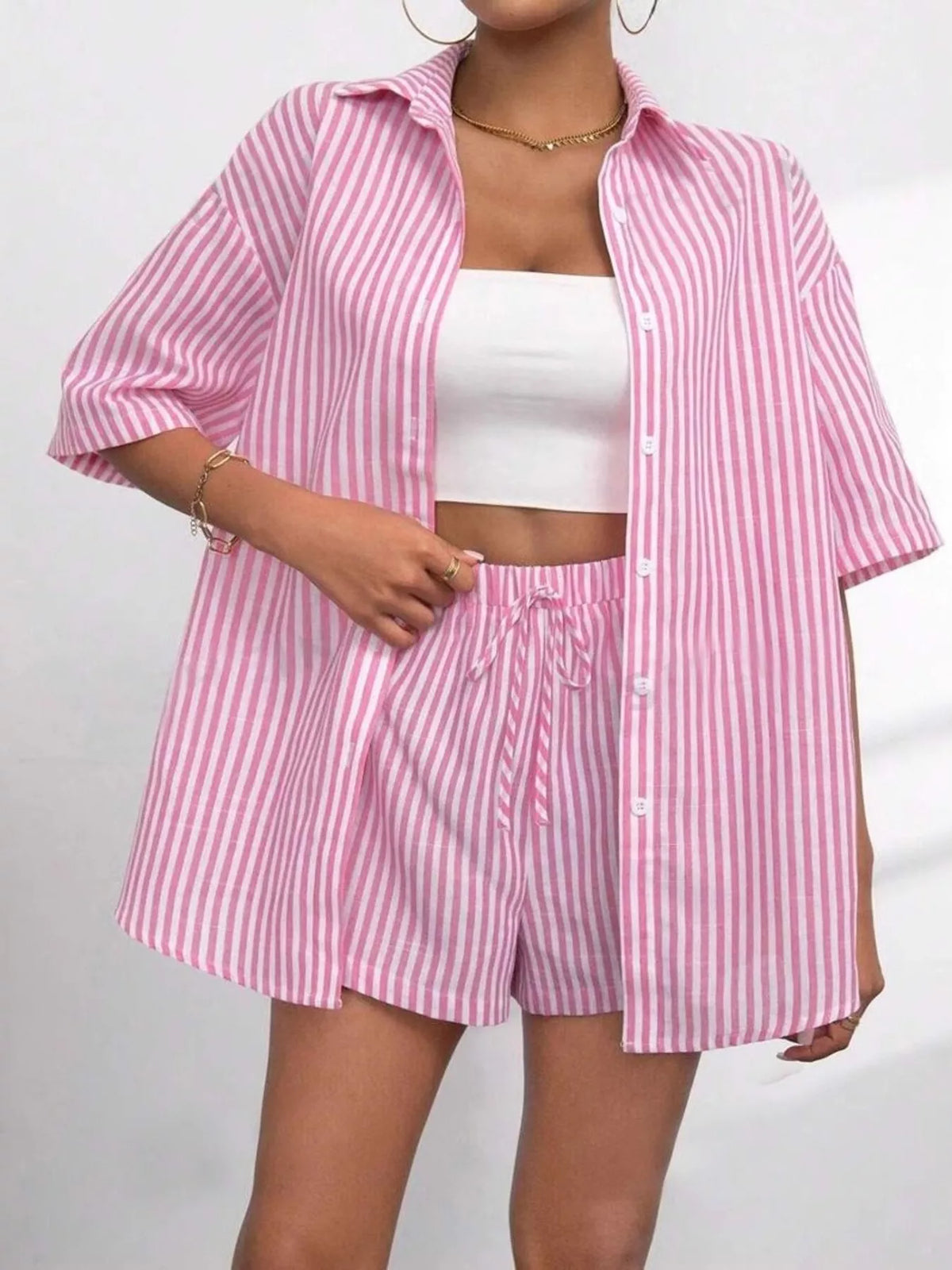 Striped Button Up Shirt Shorts Casual Set (7)