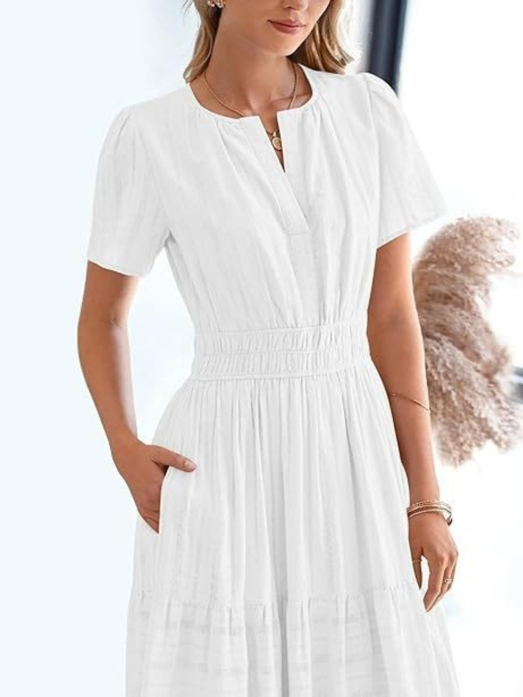 Notched Short Sleeve Tiered Dress (12)