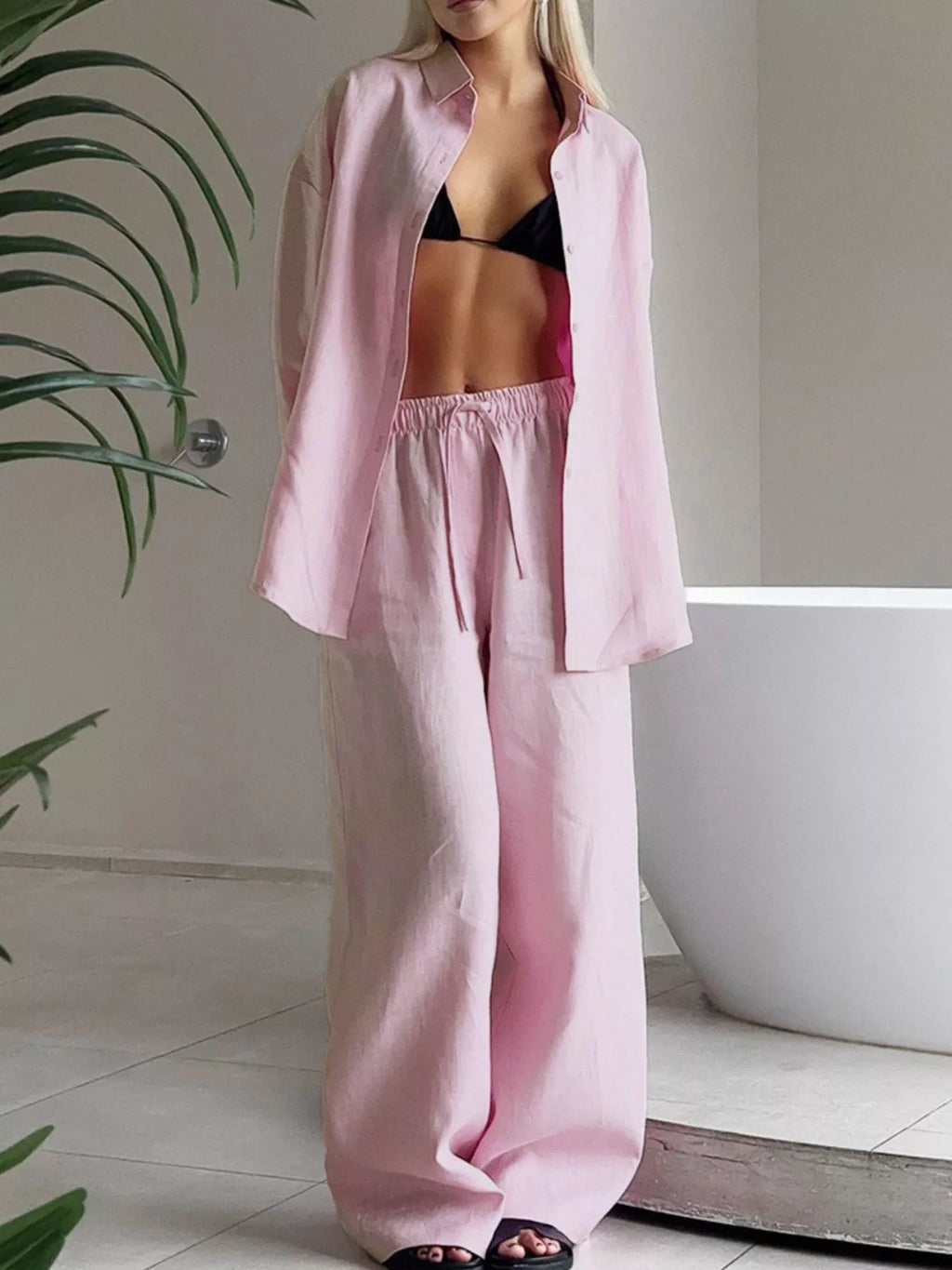 Relaxed Fit Button Up Shirt Pants Two-piece Set