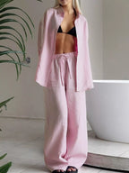 Relaxed Fit Button Up Shirt Pants Two-piece Set