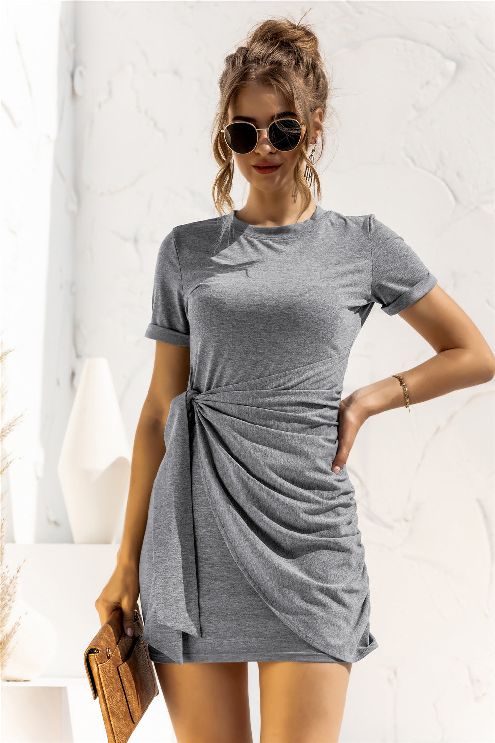 Round Neck Cuffed Sleeve Side Tie Dress (12)