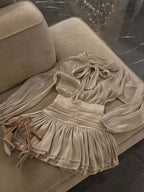 Bow-tie Blouse Ruffled Mini Skirt Two-piece Set (6)