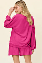 Full Size Texture V-neck Long Sleeve T-shirt Shorts Set (3)