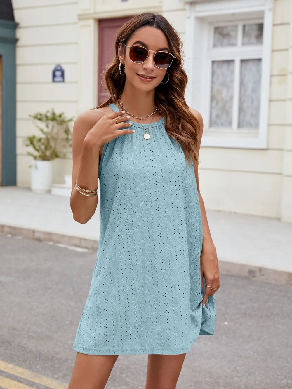 Eyelet Sleeveless Mini Dress (5)