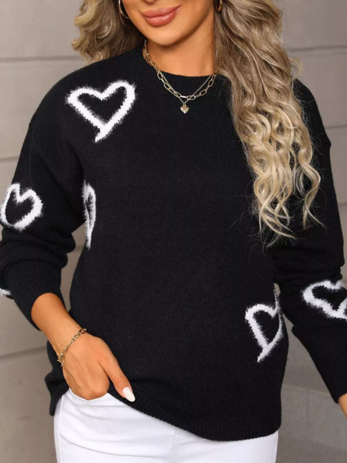 Valentine's Day Heart Print Crew Neck Sweater (5)