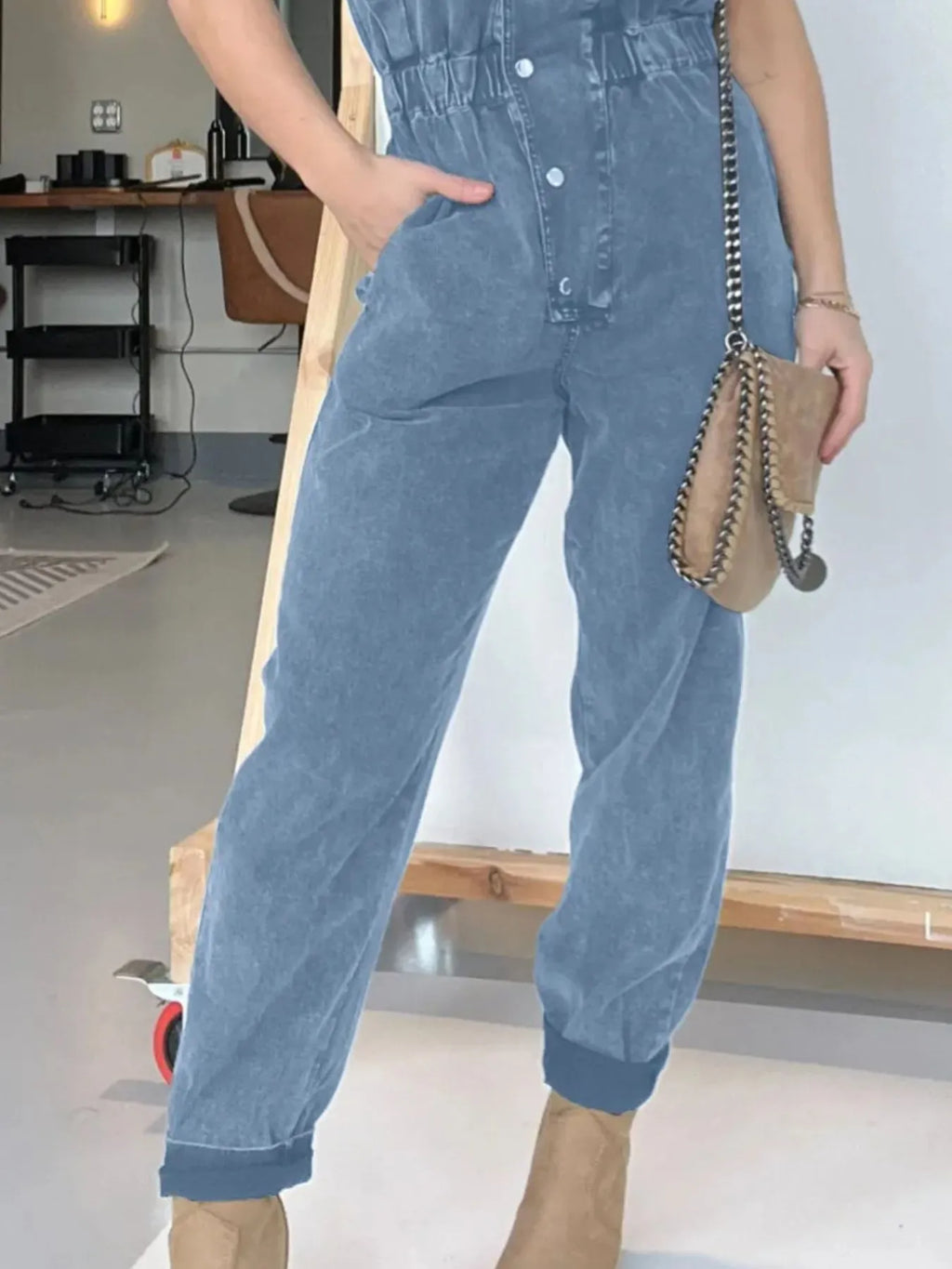 Full Size Button Front Cap Sleeve Denim Jumpsuit Plus (14)