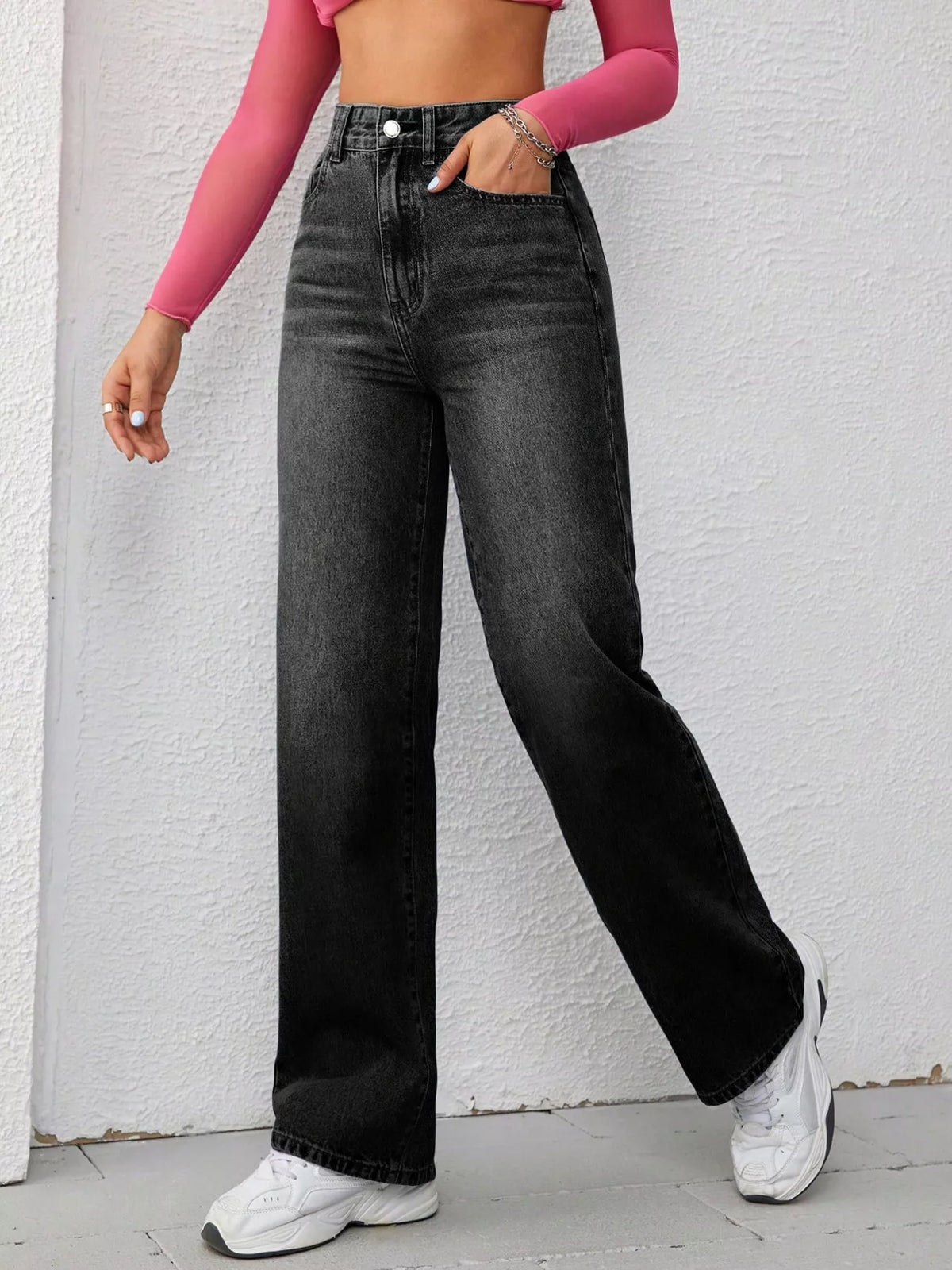 High-waisted Wide-leg Washed Jeans (5)
