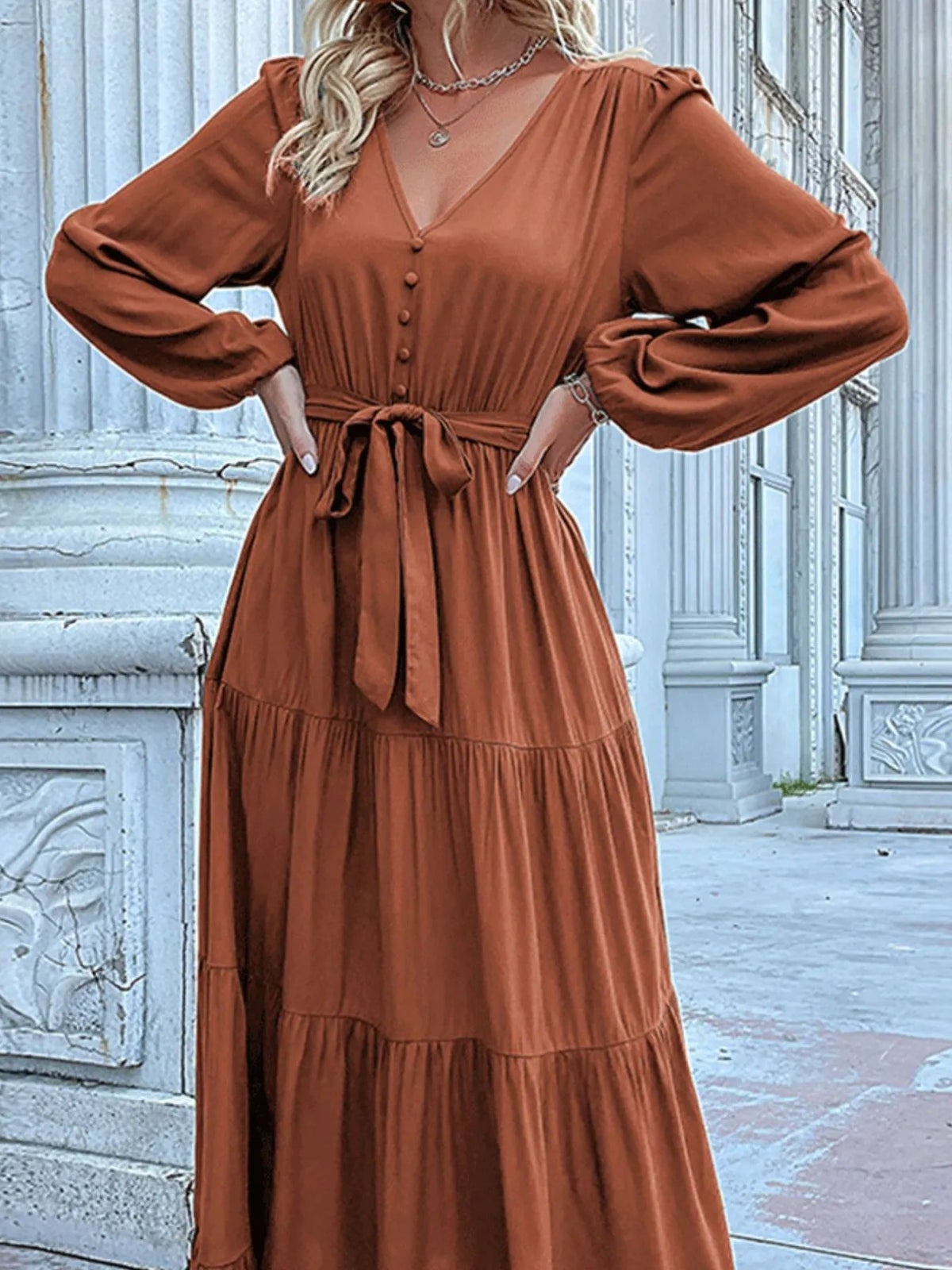 Ruffled Hem V-neck Balloon Sleeve Dress (18)