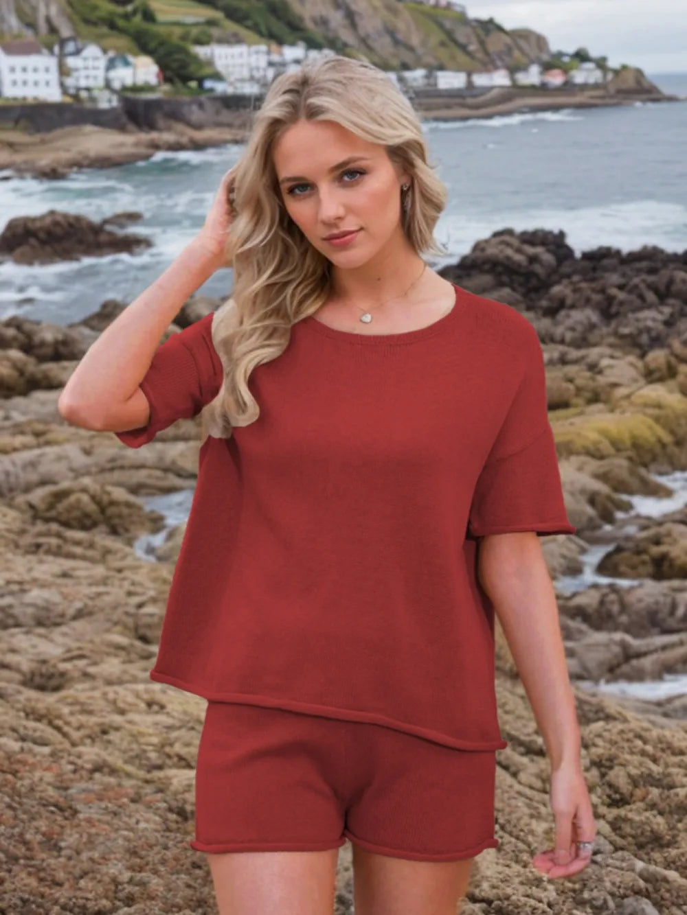 Round Neck Short Sleeve Top Shorts Sweater Set (6)
