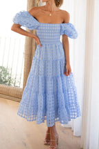 Off Shoulder Short Puff Sleeve Midi Dress (33)