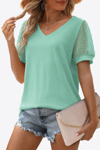 Swiss Dot Puff Sleeve V-neck Tee (27)