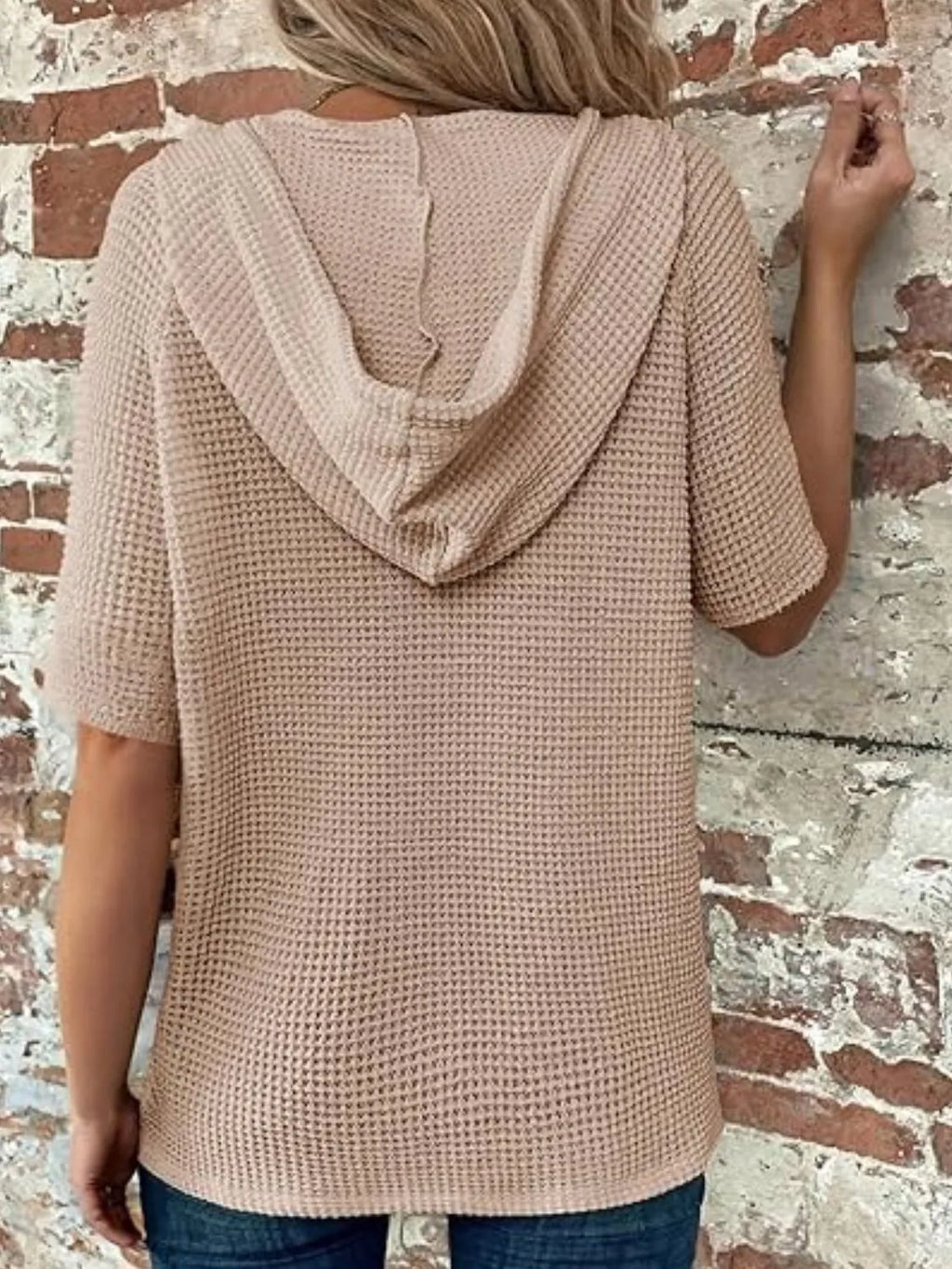 Drawstring Waffle-knit Short Sleeve Hooded Top (19)