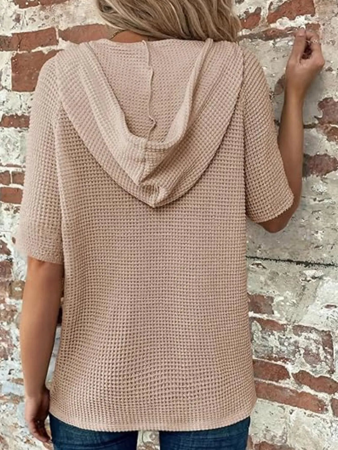 Drawstring Waffle-knit Short Sleeve Hooded Top (19)