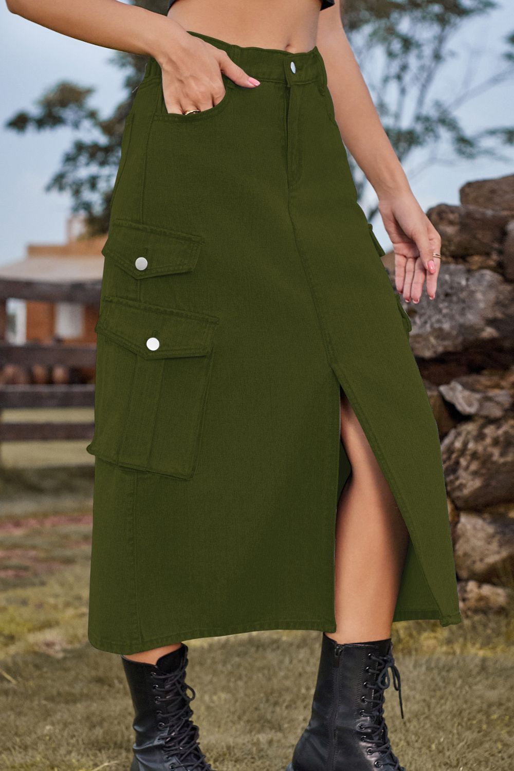 Slit Front Midi Denim Skirt Pockets (10)