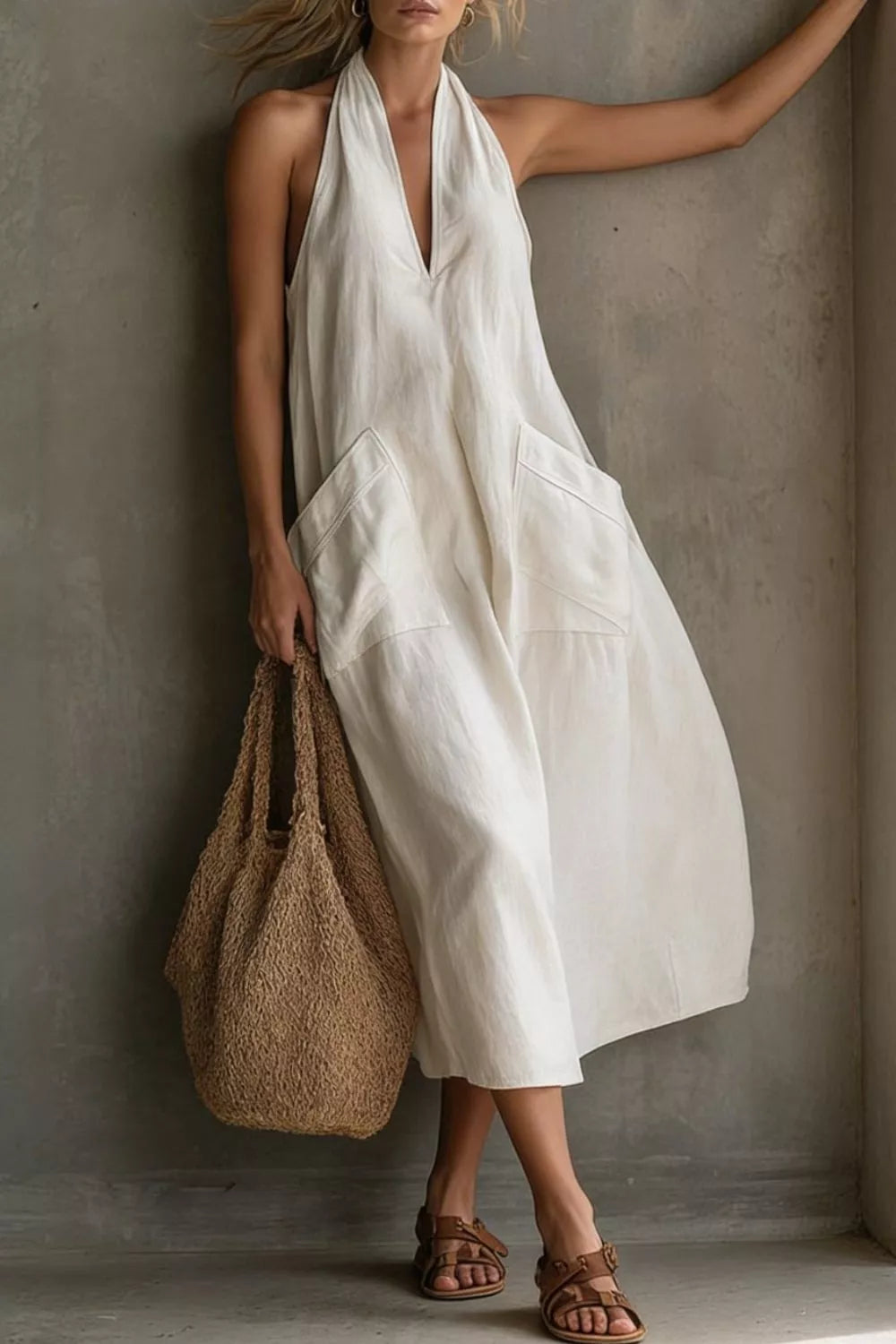 Casual Halter Neck Pocket Midi Dress (5)