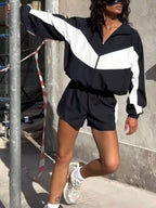 Color-block Zip-up Jacket Shorts Set (8)