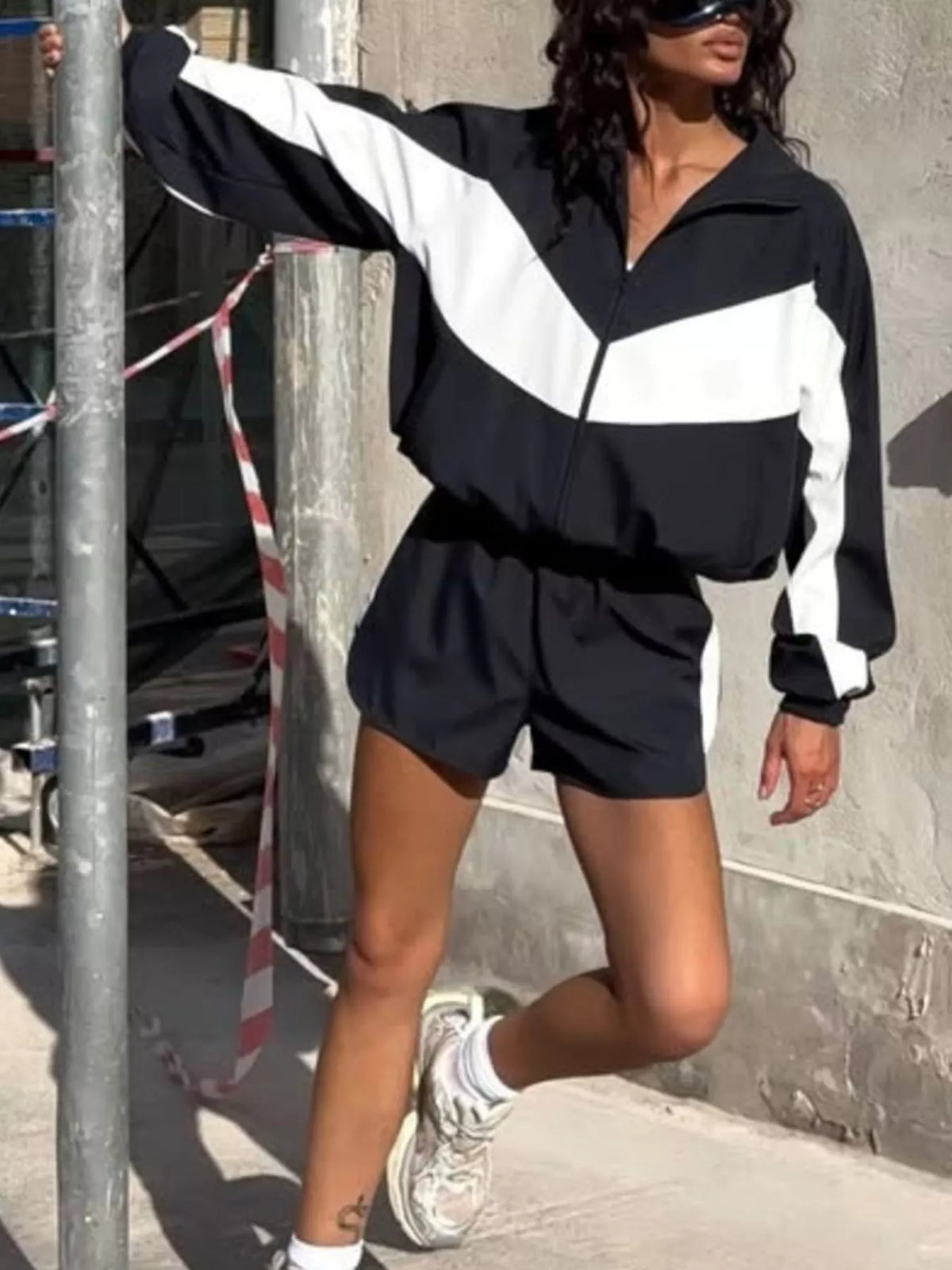 Color-block Zip-up Jacket Shorts Set (8)