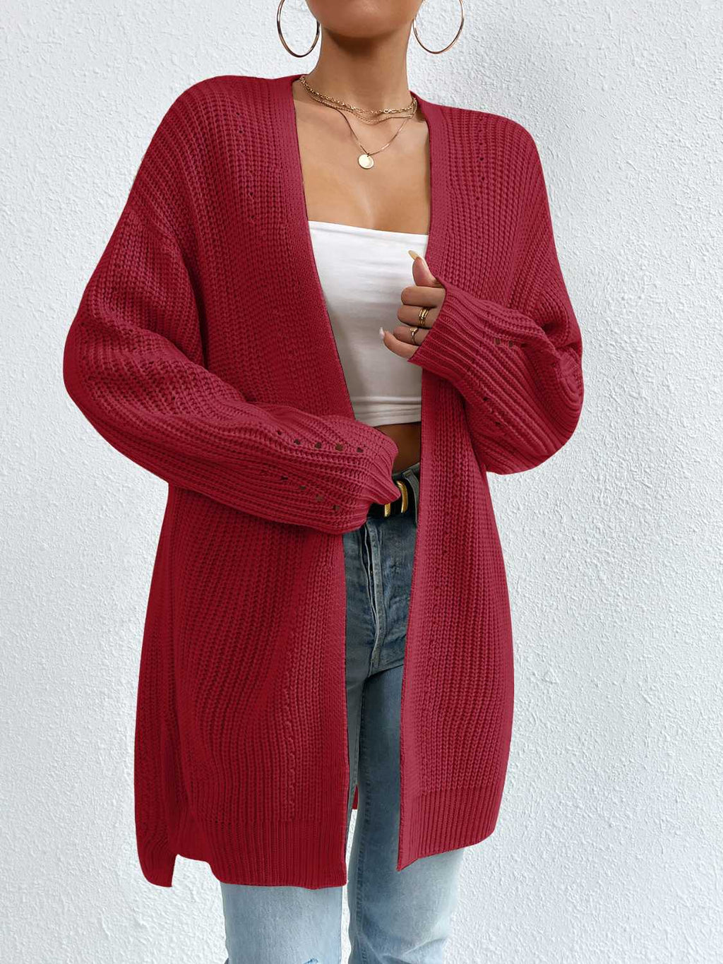 Open Front Dropped Shoulder Slit Cardigan (16)