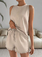 Lace Detail Round Neck Tank Shorts Set (2)
