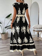 Printed V-neck Ruffled Cap Sleeve Dress (9)