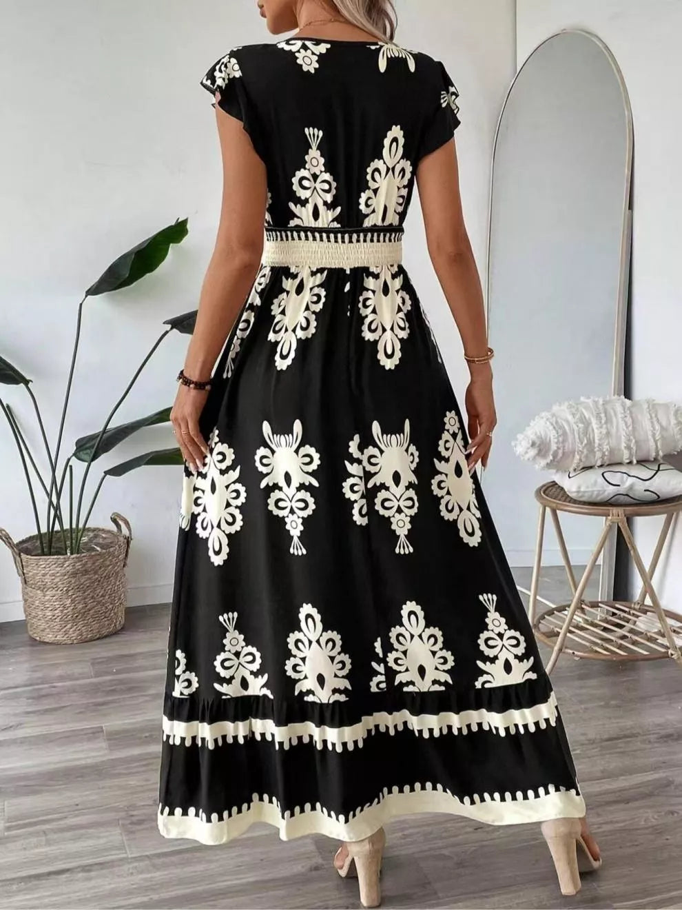 Printed V-neck Ruffled Cap Sleeve Dress (9)