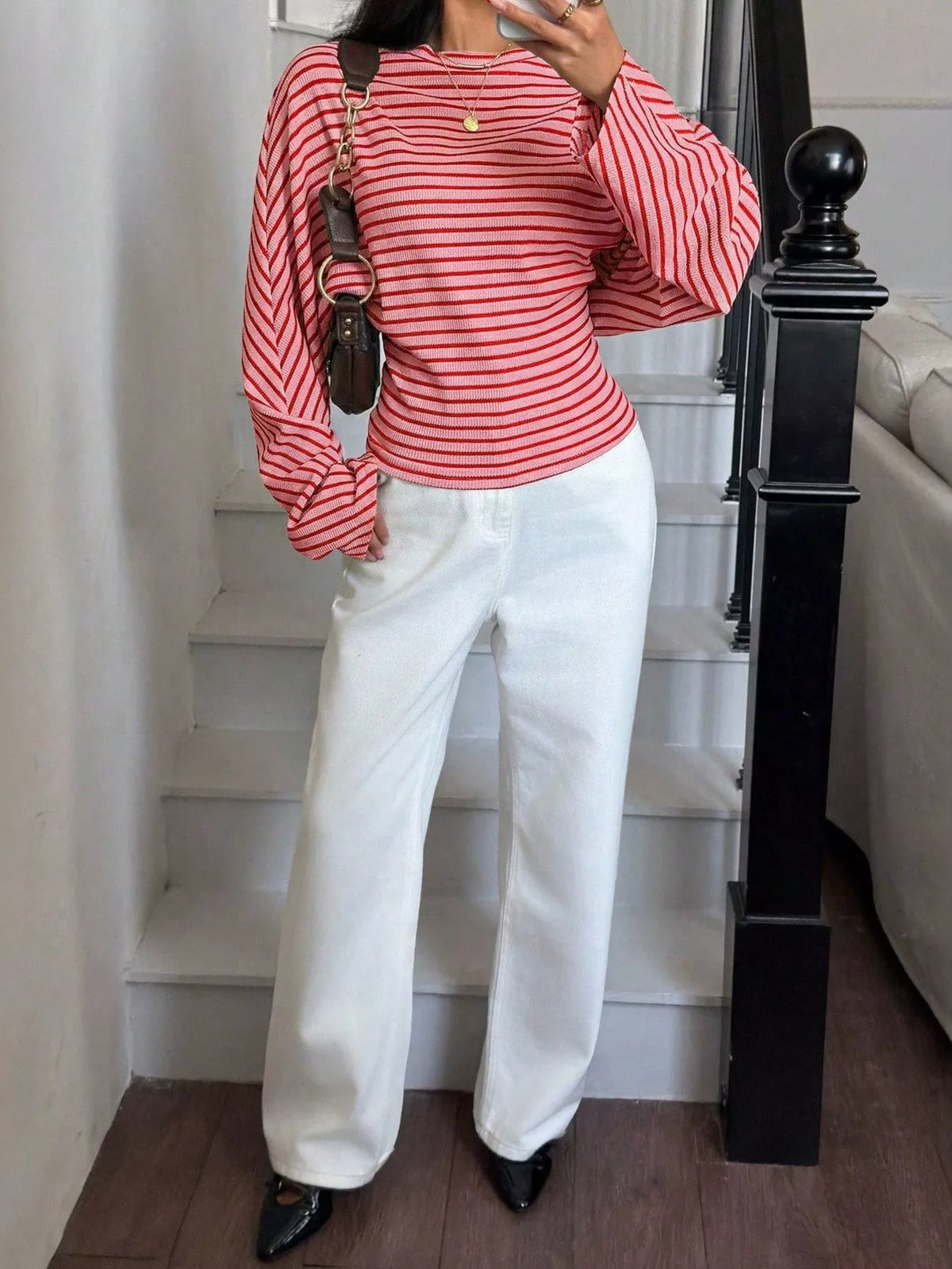 Casual Striped Batwing Sleeve T-shirt (18)