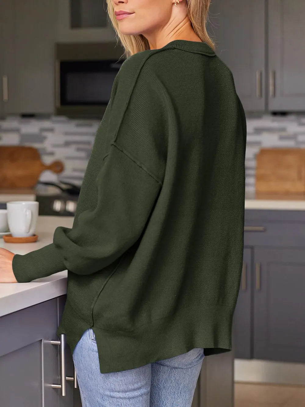 Slit Round Neck Dropped Shoulder Sweater (11)