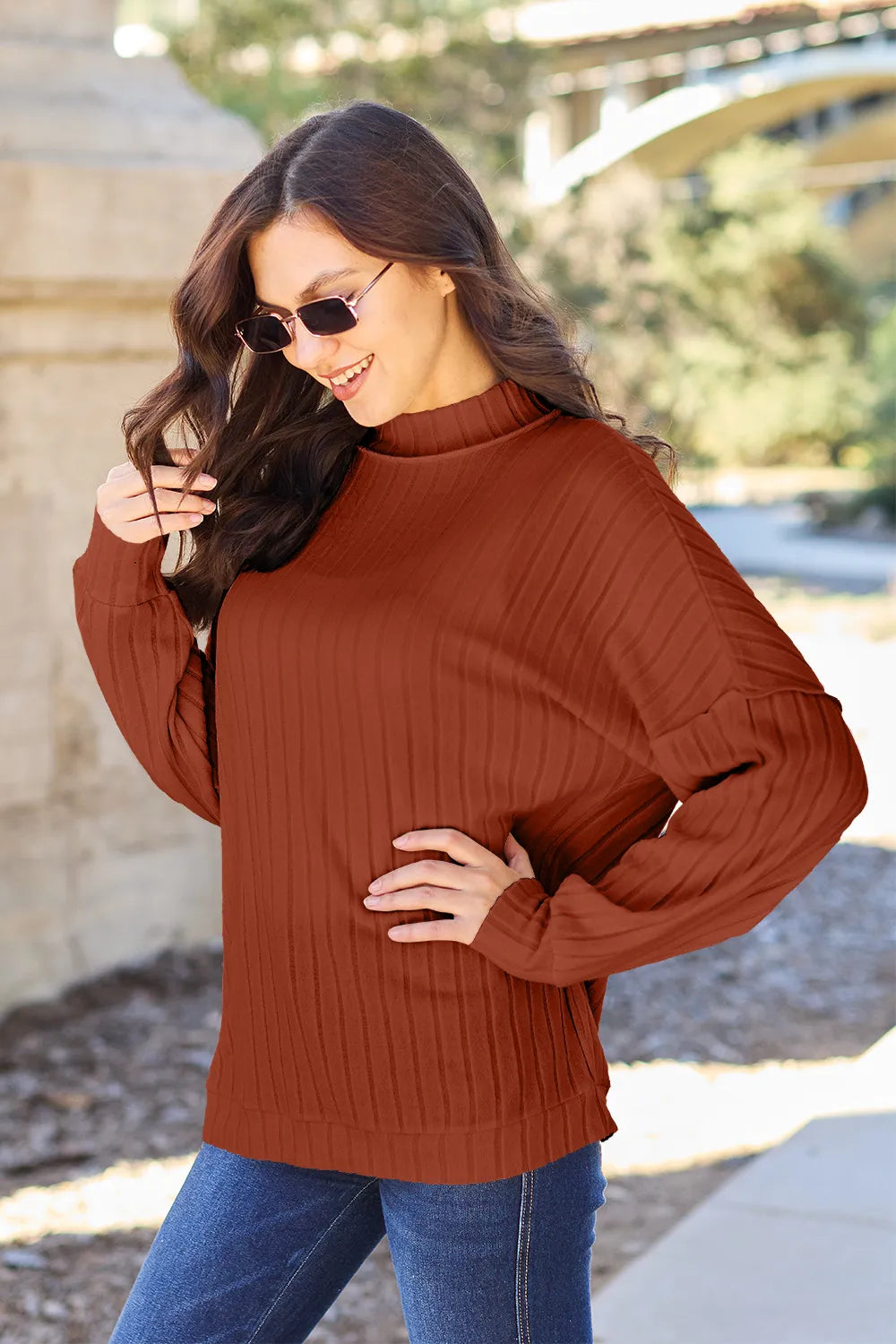Full Size Ribbed Exposed Seam Mock Neck Knit Top (4)