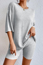 Round Neck Ribbed Top Shorts Lounge Set (6)