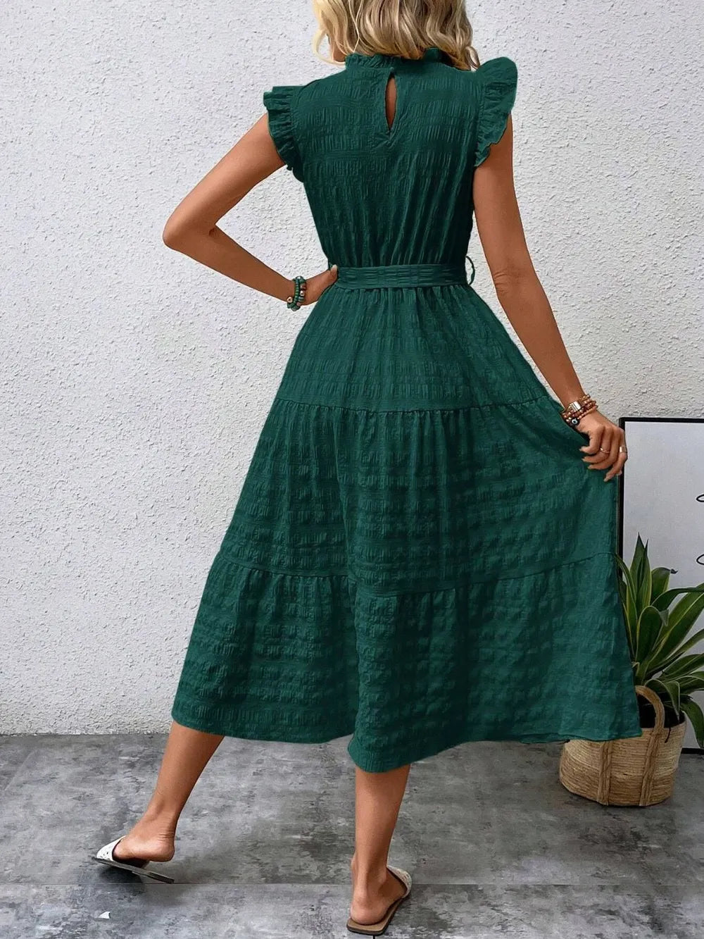 Tied Ruffled Cap Sleeve Midi Dress (13)